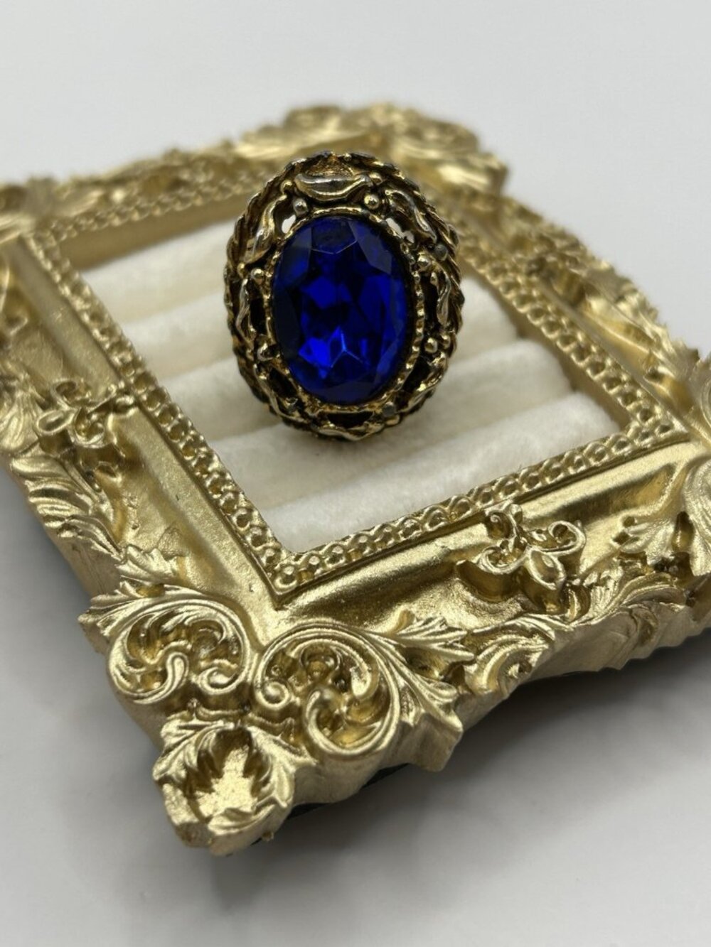 Vintage Blue Glass Statement Ring Gold Tone Adjustable Size 7 Cocktail